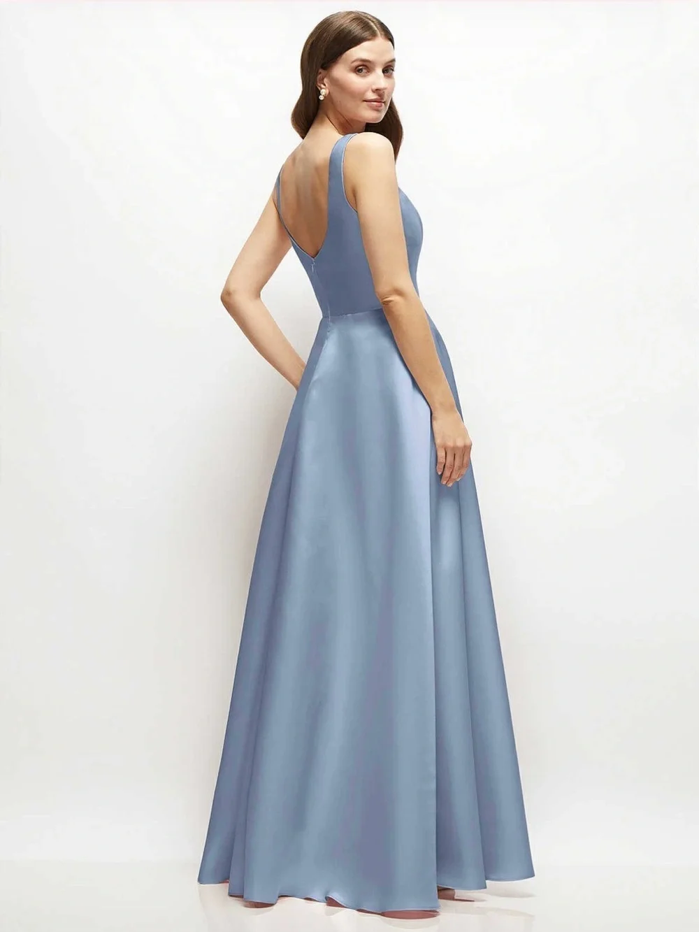 Square Neck Satin Maxi Dress - Sleeveless Formal with pockets - Picture 3 of 3